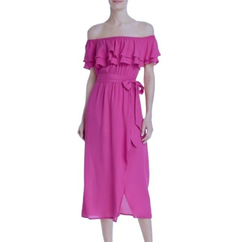 Show Me Your Mumu Rosie Crepe Dress, Sz Small, Off Shoulder Midi Side Slit NEW - Picture 2 of 14